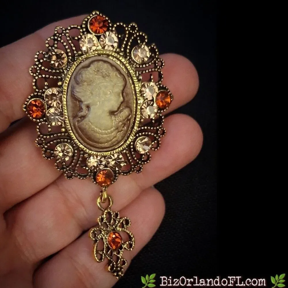 Modern Victorian Revival Cameo Brooch Gold Tone Amber Rhinestone Dangle Pin